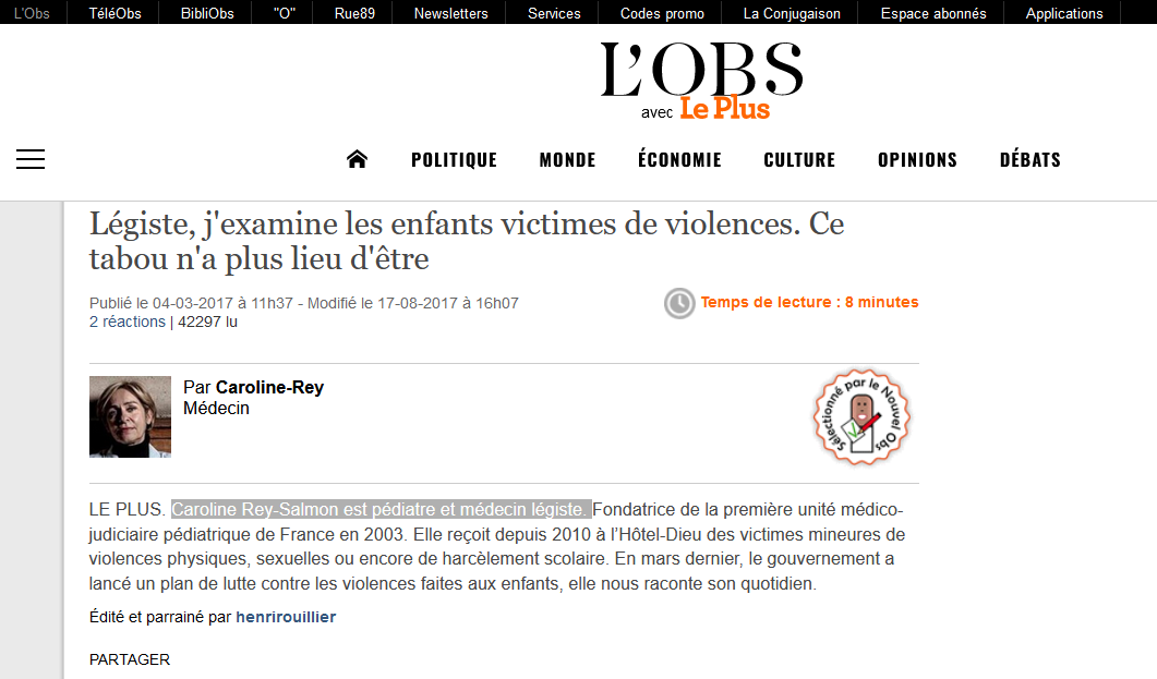 L'Obs - Légiste, j'examine les enfants victimes de violences